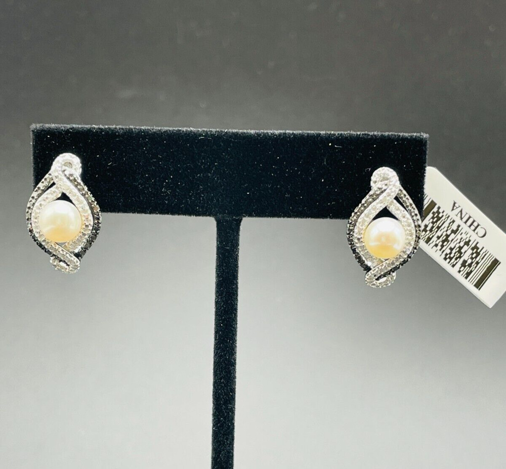 Cultured Freshwater Pearl Sterling Silver Earrings Black Diamond Accent New JTV